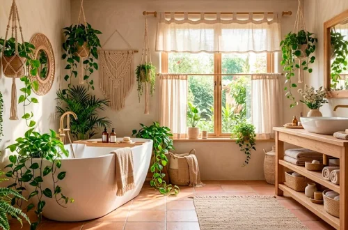 Wide view of a whimsical bohemian bathroom featuring hanging macrame plant holders, trailing ferns, and a freestanding soaking tub.