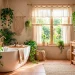 Wide view of a whimsical bohemian bathroom featuring hanging macrame plant holders, trailing ferns, and a freestanding soaking tub.