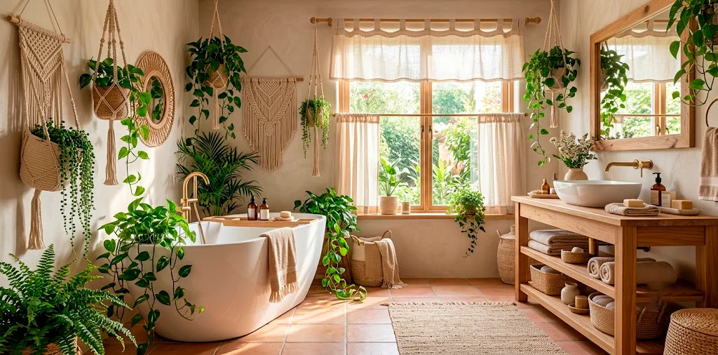 Wide view of a whimsical bohemian bathroom featuring hanging macrame plant holders, trailing ferns, and a freestanding soaking tub.