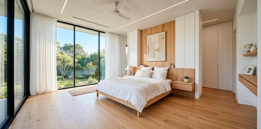 Bright minimalist bedroom featuring smart hidden storage solutions, built-in wardrobes, and a serene clutter-free aesthetic.