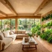 Sunlit eco luxe living room featuring sustainable reclaimed wood beams and organic linen furniture for 2025 trends