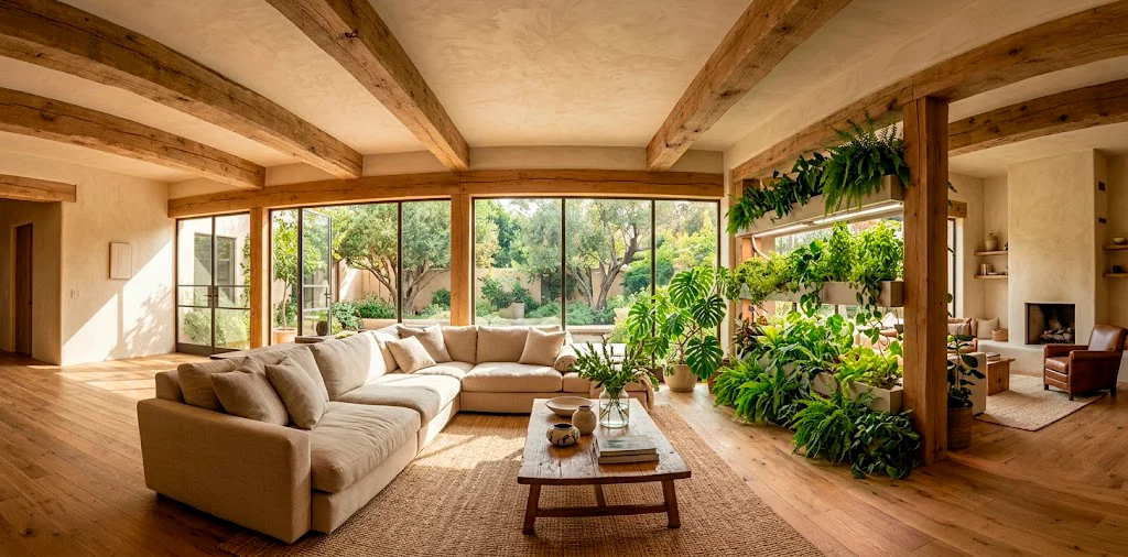 Sunlit eco luxe living room featuring sustainable reclaimed wood beams and organic linen furniture for 2025 trends