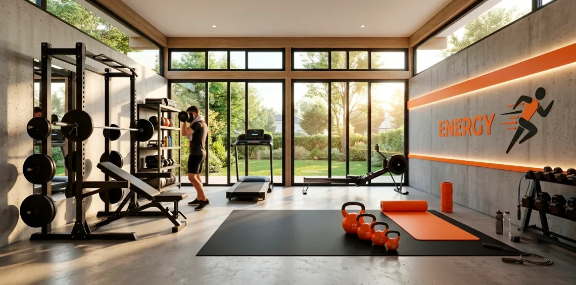 Small modern home gym featuring matte black fitness equipment and vibrant tangerine orange accents in bright sunlight.