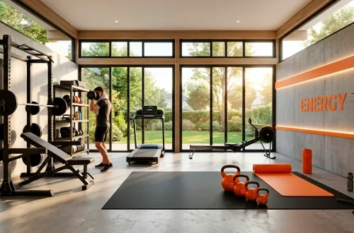 Small modern home gym featuring matte black fitness equipment and vibrant tangerine orange accents in bright sunlight.