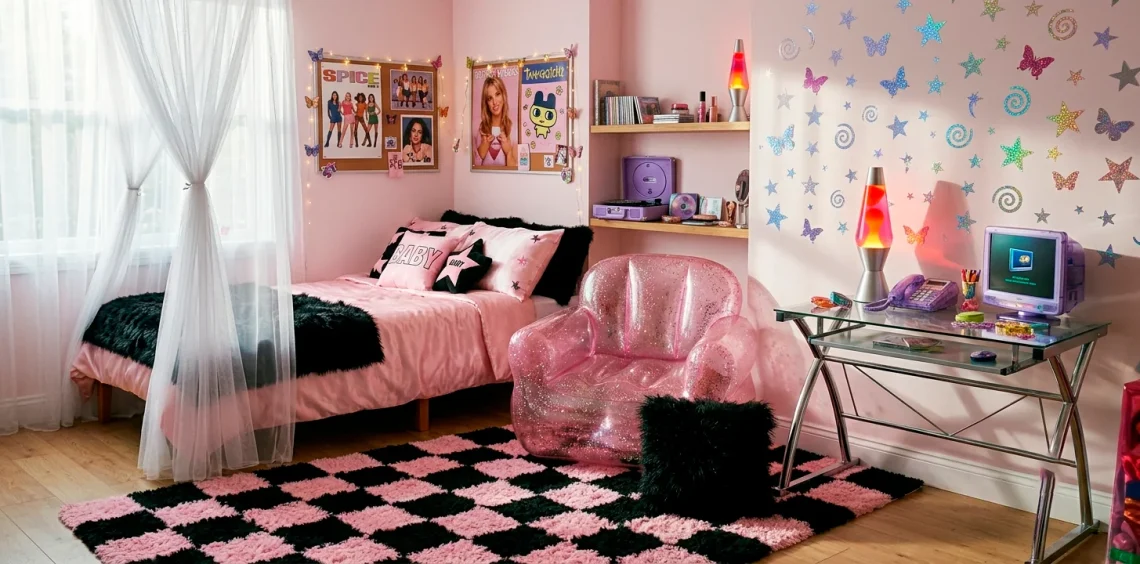 Y2K inspired bedroom decor featuring an inflatable pink chair, lava lamp, and checkerboard rug.
