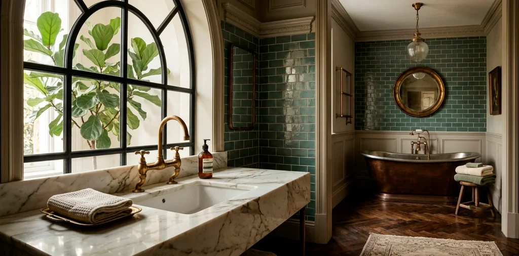 High-end vintage bathroom featuring an unlacquered brass bridge faucet over a marble vanity console.