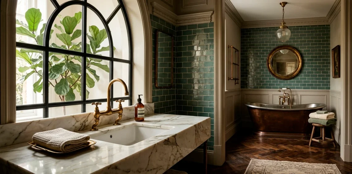 High-end vintage bathroom featuring an unlacquered brass bridge faucet over a marble vanity console.