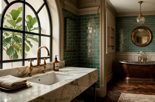 High-end vintage bathroom featuring an unlacquered brass bridge faucet over a marble vanity console.