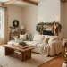 A stunning living room with a Christmas tree decorated in sage green and gold ornaments for the holidays.