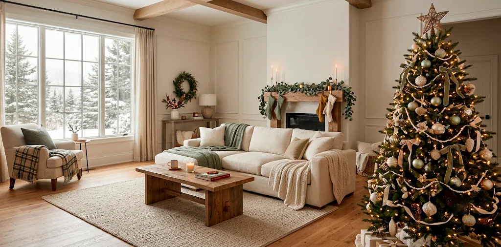 A stunning living room with a Christmas tree decorated in sage green and gold ornaments for the holidays.
