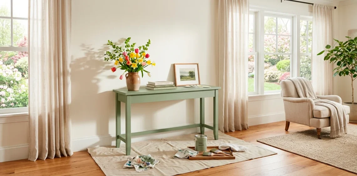 Freshly painted sage green wooden console table in a sunlit spring living room with paintbrushes and drop cloth.