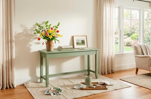 Freshly painted sage green wooden console table in a sunlit spring living room with paintbrushes and drop cloth.