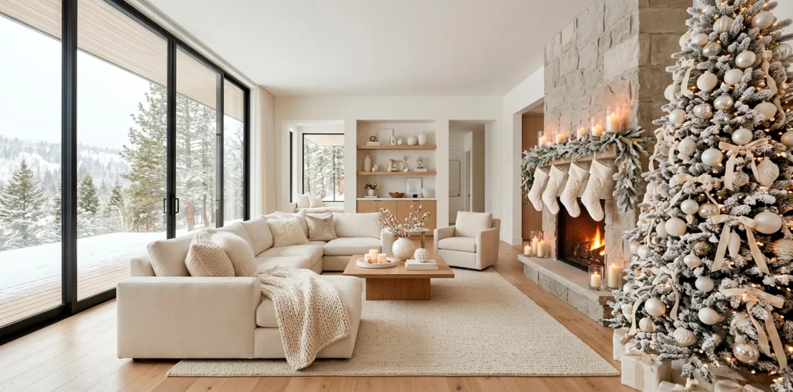 Sophisticated monochromatic Christmas decor in a modern living room with a flocked tree and white ornaments.