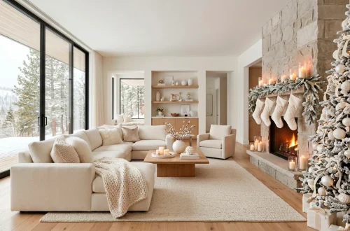 Sophisticated monochromatic Christmas decor in a modern living room with a flocked tree and white ornaments.