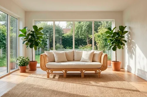 Bright living room featuring sustainable rattan furniture, cream linen cushions, and lush houseplants in natural sunlight.