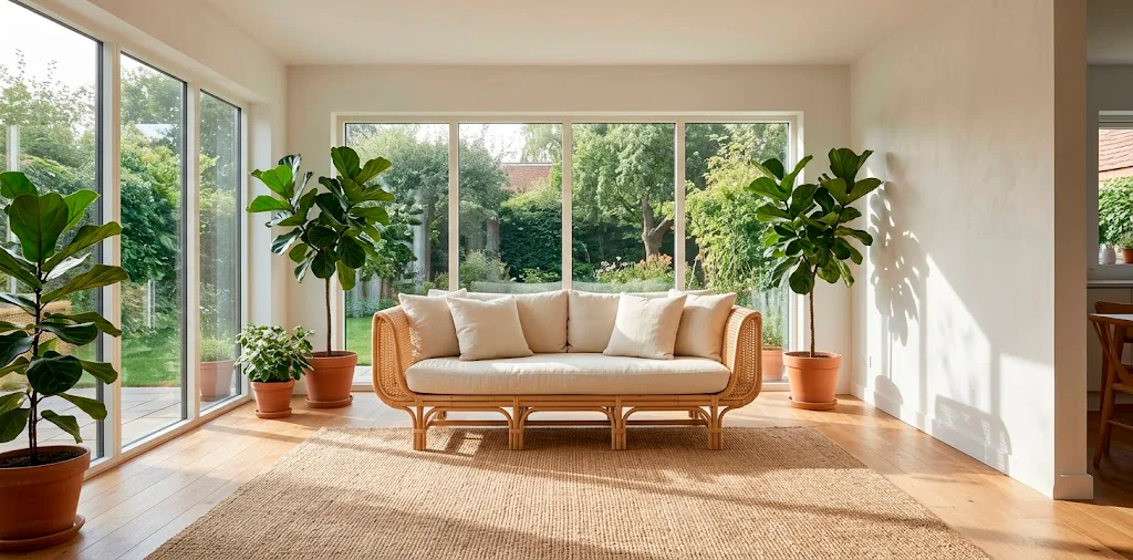 Bright living room featuring sustainable rattan furniture, cream linen cushions, and lush houseplants in natural sunlight.