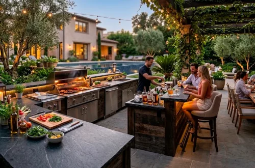 Luxury outdoor kitchen with dark natural stone countertops and built-in grill at sunset.
