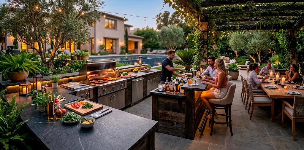 Luxury outdoor kitchen with dark natural stone countertops and built-in grill at sunset.
