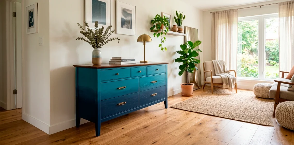 Wide panoramic view of a vintage dresser painted in a teal and navy ombre finish in a bright modern living room.