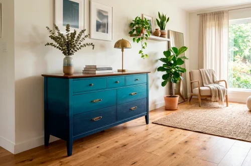 Wide panoramic view of a vintage dresser painted in a teal and navy ombre finish in a bright modern living room.