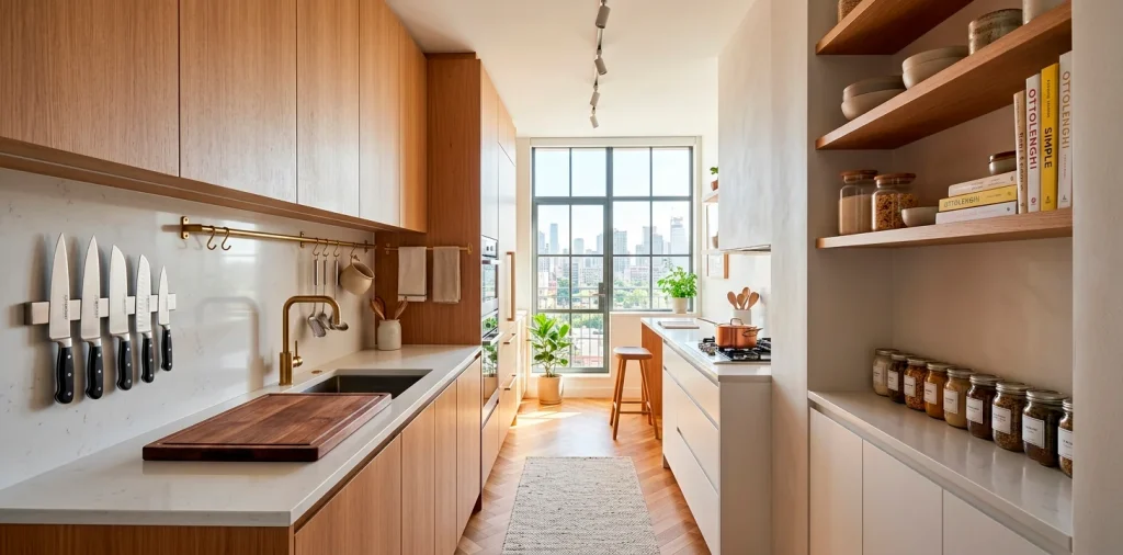 Clean and organized tiny apartment kitchen with smart vertical counter storage solutions.