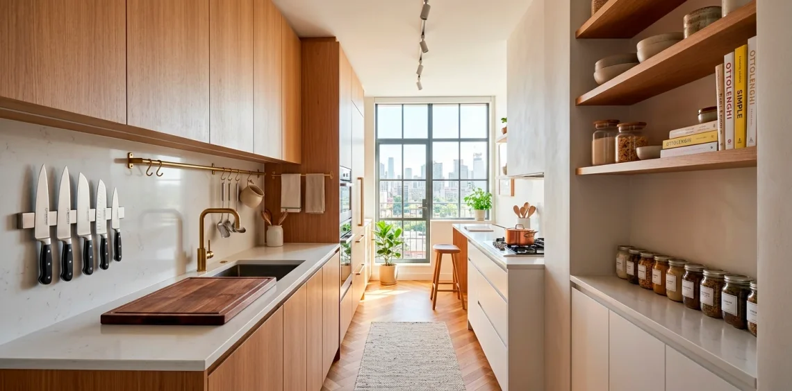 Clean and organized tiny apartment kitchen with smart vertical counter storage solutions.