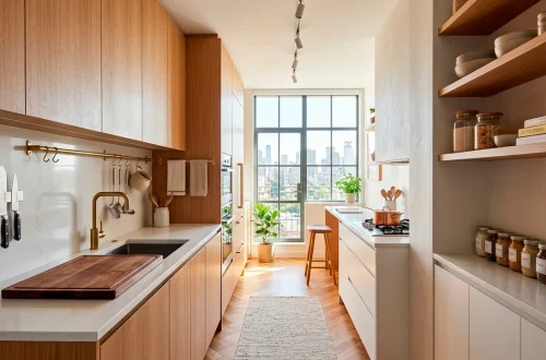 Clean and organized tiny apartment kitchen with smart vertical counter storage solutions.