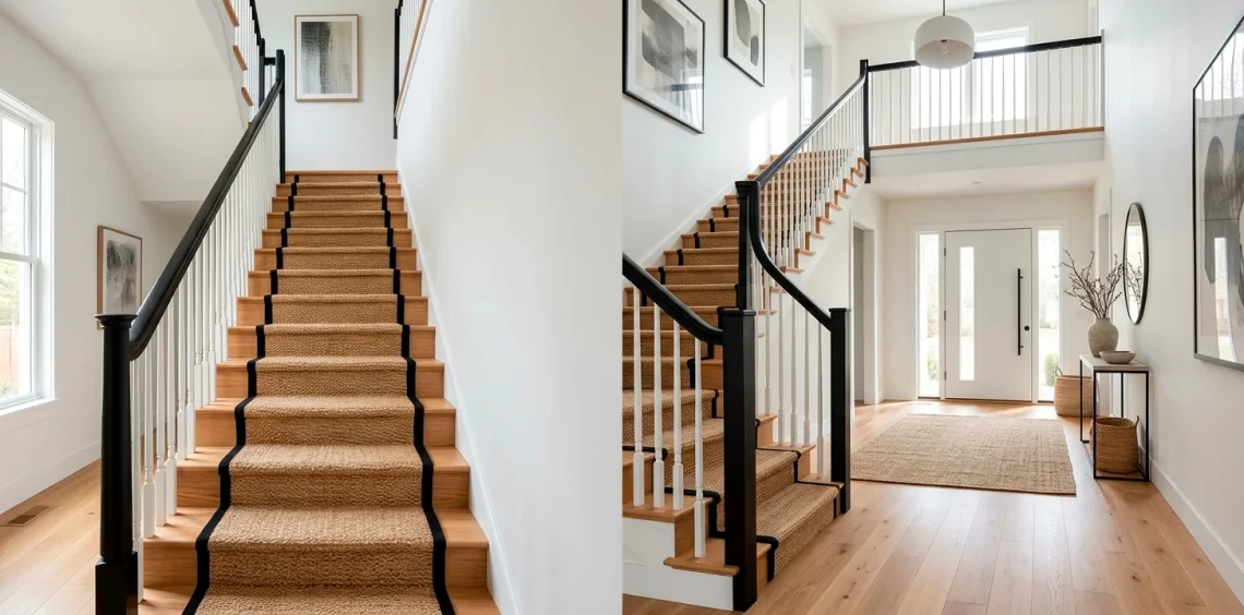 Modern refinished staircase banister featuring a sleek black wood handrail and crisp white spindles.