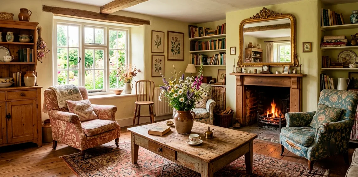 Cozy cottagecore living room filled with vintage floral furniture and rustic wooden decor
