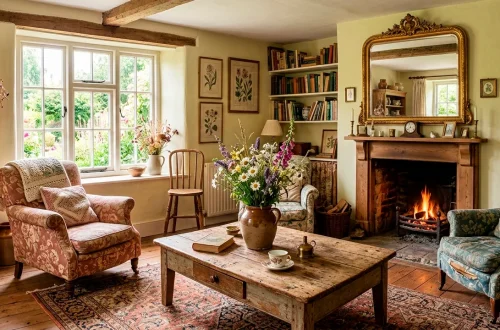 Cozy cottagecore living room filled with vintage floral furniture and rustic wooden decor