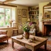 Cozy cottagecore living room filled with vintage floral furniture and rustic wooden decor
