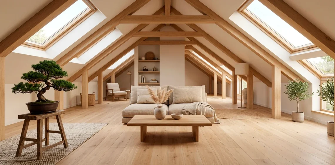 Calming Japandi style attic renovation featuring sloped ceilings, skylights, light wood beams, and minimalist furniture.