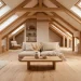 Calming Japandi style attic renovation featuring sloped ceilings, skylights, light wood beams, and minimalist furniture.