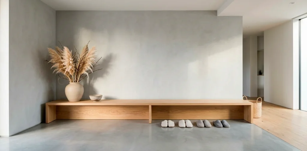 Low-profile white oak Japandi entryway bench styled with minimalist decor in a sunlit Scandinavian Japanese foyer.