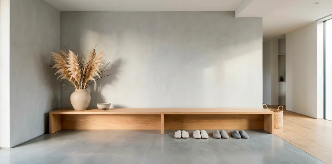 Low-profile white oak Japandi entryway bench styled with minimalist decor in a sunlit Scandinavian Japanese foyer.