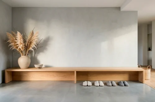 Low-profile white oak Japandi entryway bench styled with minimalist decor in a sunlit Scandinavian Japanese foyer.