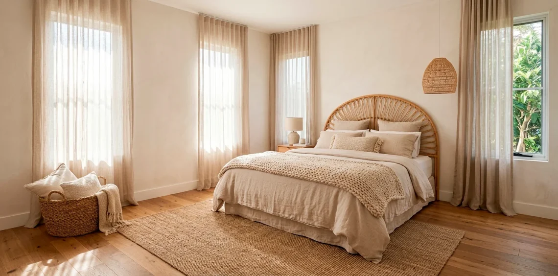 Cozy organic guest room featuring woven rattan headboard, layered linen bedding, and a natural jute rug under soft sunlight.