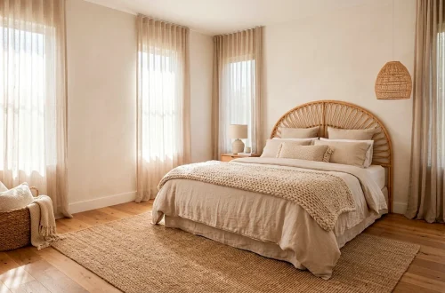 Cozy organic guest room featuring woven rattan headboard, layered linen bedding, and a natural jute rug under soft sunlight.