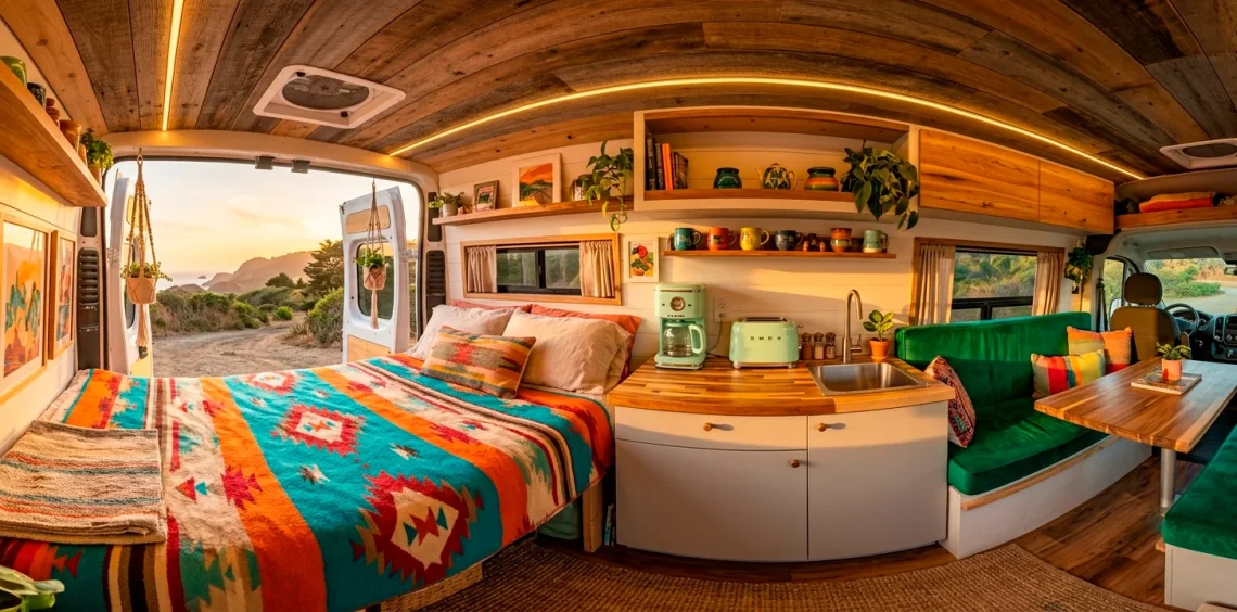 Vibrant and colorful converted camper van interior featuring pastel appliances, a southwestern rug, and cozy bedding.