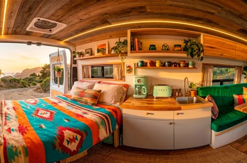 Vibrant and colorful converted camper van interior featuring pastel appliances, a southwestern rug, and cozy bedding.