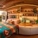 Vibrant and colorful converted camper van interior featuring pastel appliances, a southwestern rug, and cozy bedding.