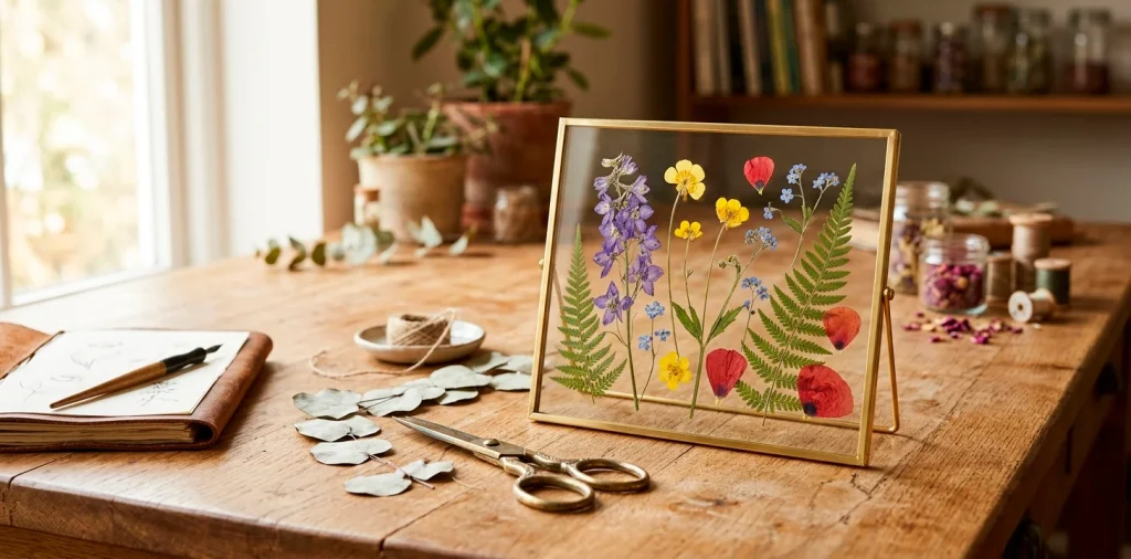 Finished botanical pressed flower frame on a sunlit wooden table for a personalized Mother's Day gift.