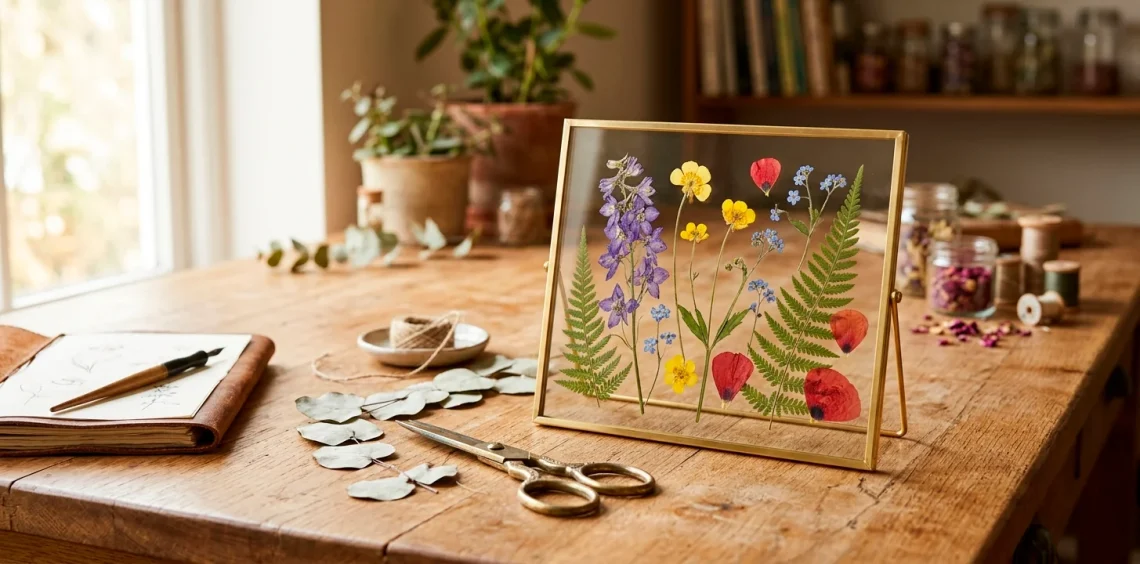Finished botanical pressed flower frame on a sunlit wooden table for a personalized Mother's Day gift.