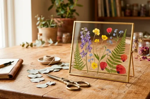 Finished botanical pressed flower frame on a sunlit wooden table for a personalized Mother's Day gift.
