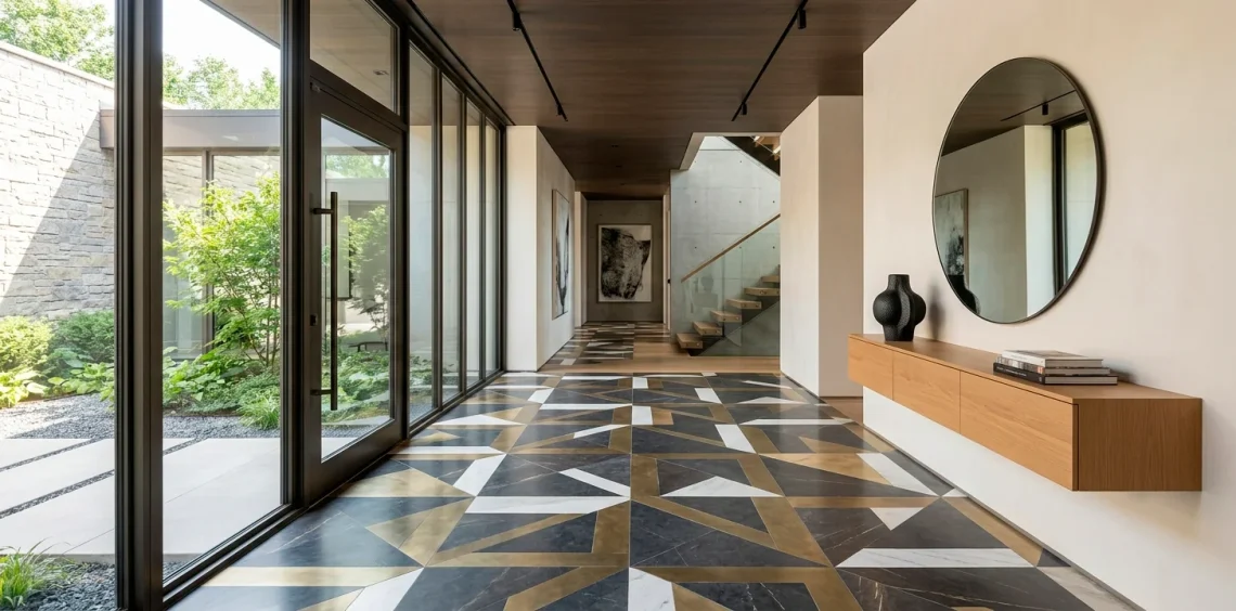 Contemporary entryway featuring bold geometric floor tiles in charcoal and brass