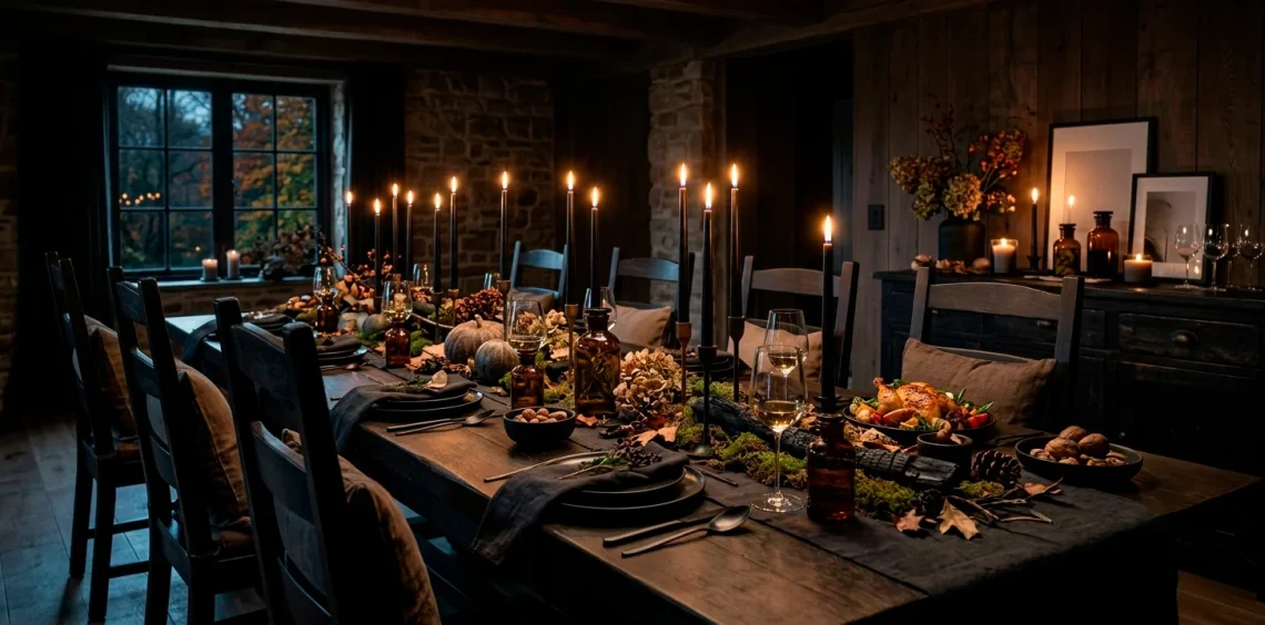 A sophisticated Scandi-Noir Thanksgiving table setting featuring dark charcoal linens, black taper candles, and amber glass bottles.