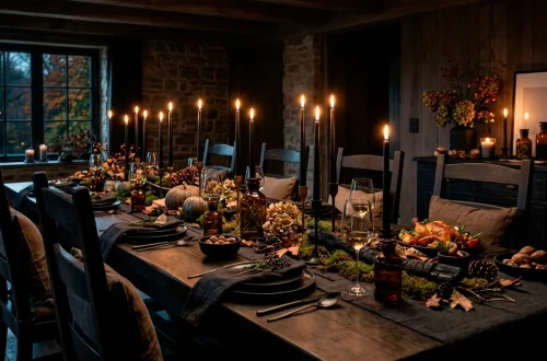 A sophisticated Scandi-Noir Thanksgiving table setting featuring dark charcoal linens, black taper candles, and amber glass bottles.