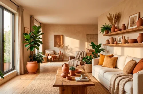 Modern living room interior featuring warm terracotta pottery pieces styled on wooden shelves in natural sunlight.