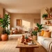 Modern living room interior featuring warm terracotta pottery pieces styled on wooden shelves in natural sunlight.