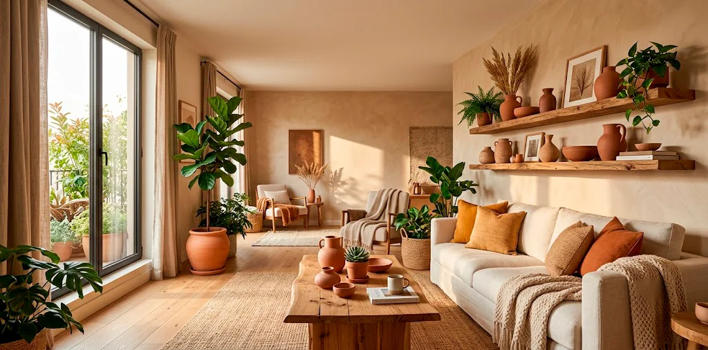 Modern living room interior featuring warm terracotta pottery pieces styled on wooden shelves in natural sunlight.